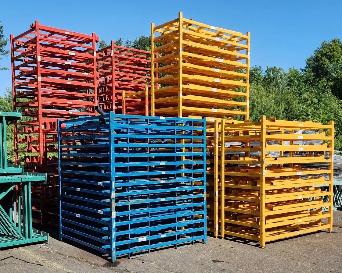 Outdoor setup of yellow, red, and blue portable stack racks