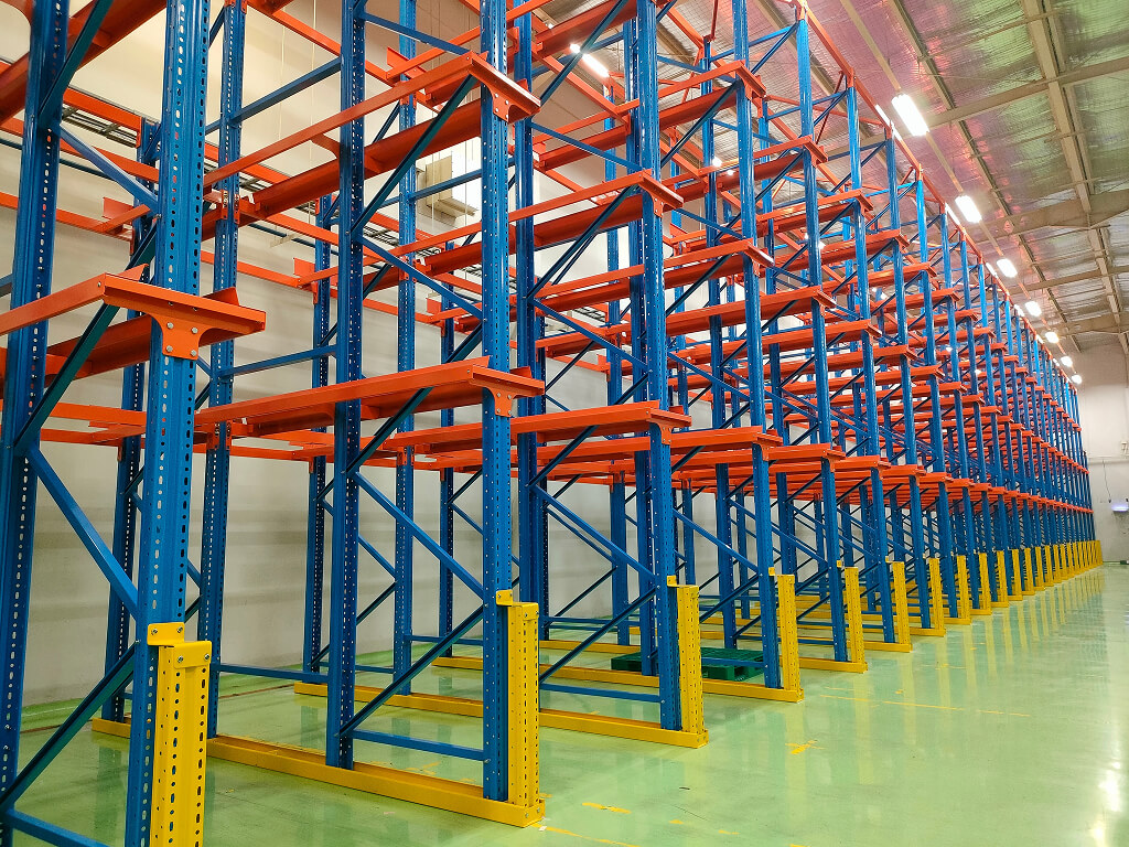 Drive-in pallet racking system installed in a large warehouse