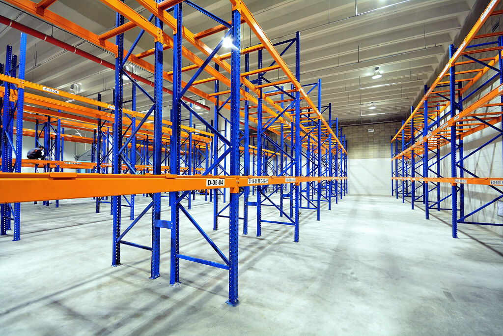 Empty pallet racks in a distribution warehouse ready for storage