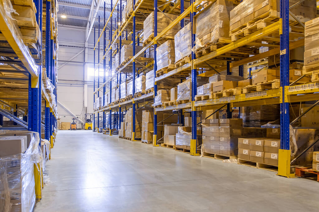 Racks with packed pallets in warehouse